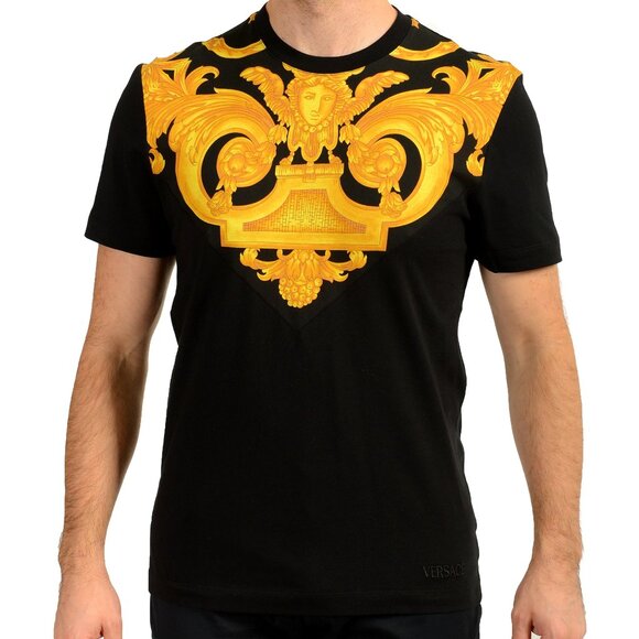 Versace Men's Black Barocco Logo Print Short Sleeve T-Shirt US S IT 48 - Picture 1 of 6